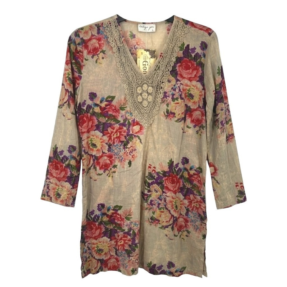 NEW Vintage Goa Beige Floral Cotton Tunic Large Crochet Lace V-Neck - CJ